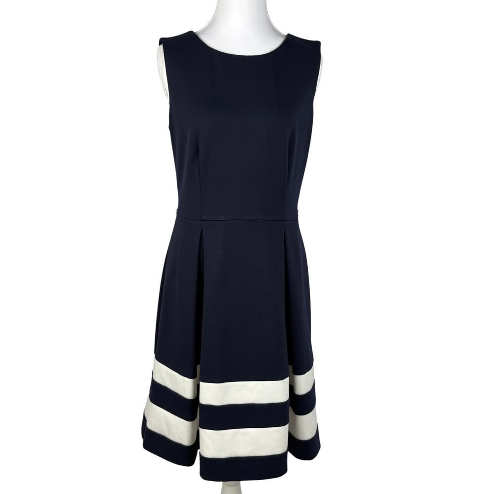 Calvin Klein Sleeveless Fit & Flare Dress Womens 6 Navy Blue Striped Scuba Knit
